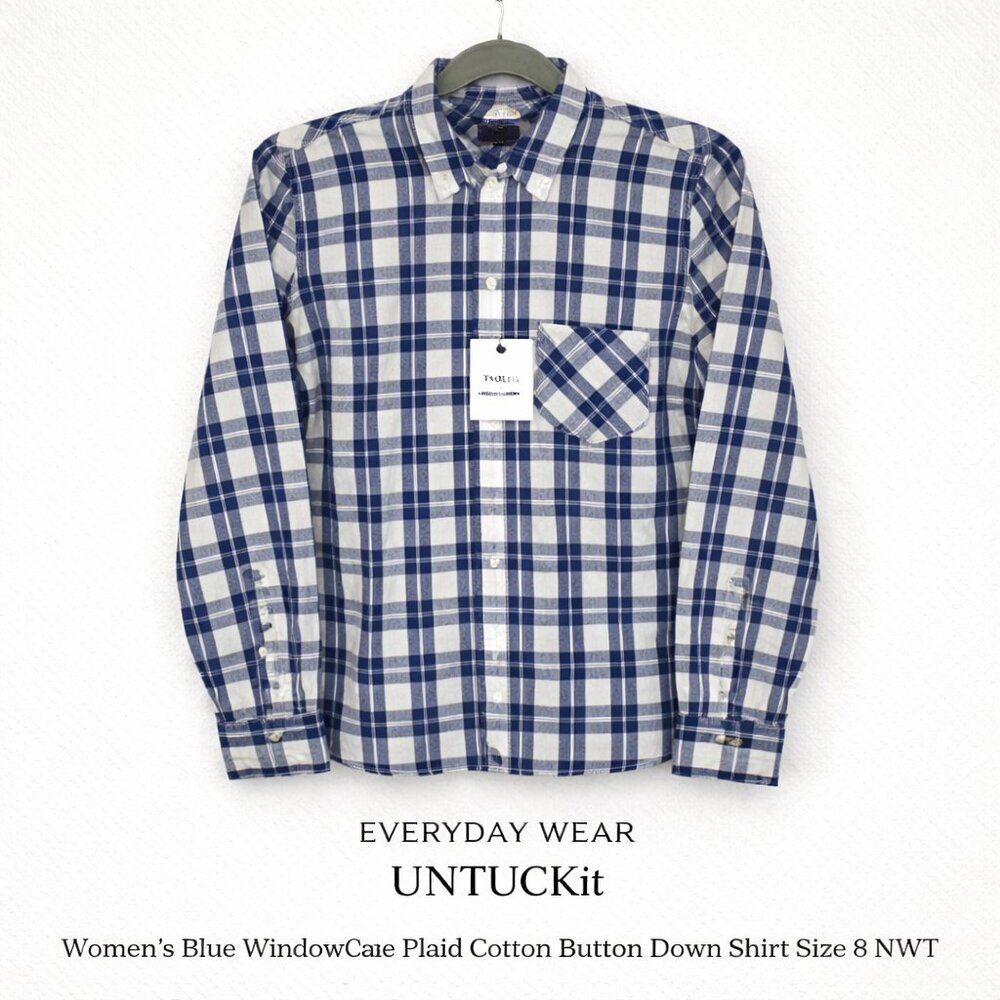 UNTUCKit Women’s Blue Windowpane Plaid Cotton Button Down Shirt Size 8 NWT